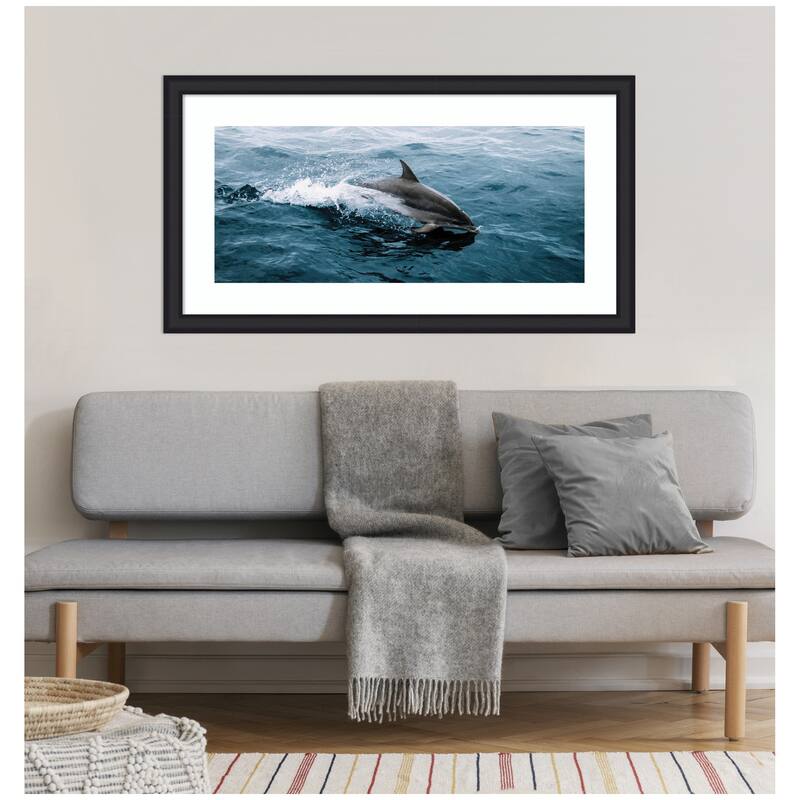 Kate and Laurel Framed Art Dolphin Skipping along in the Ocean Panel by Michael Schauer