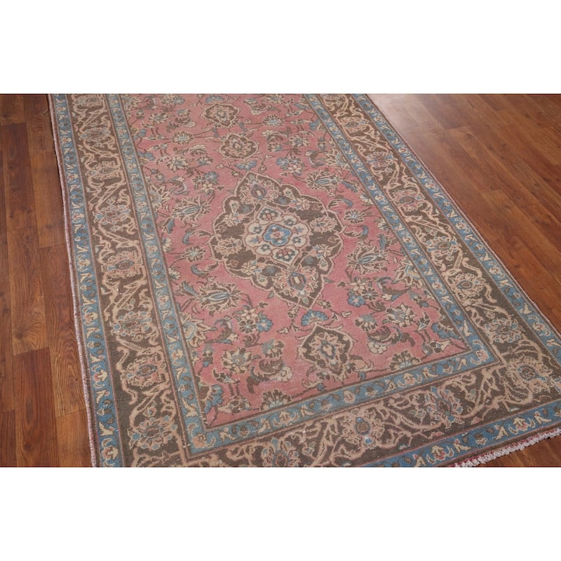 Pink Kashan Persian Vintage Runner Rug Handmade Wool Carpet - 3'11" x 12'9"