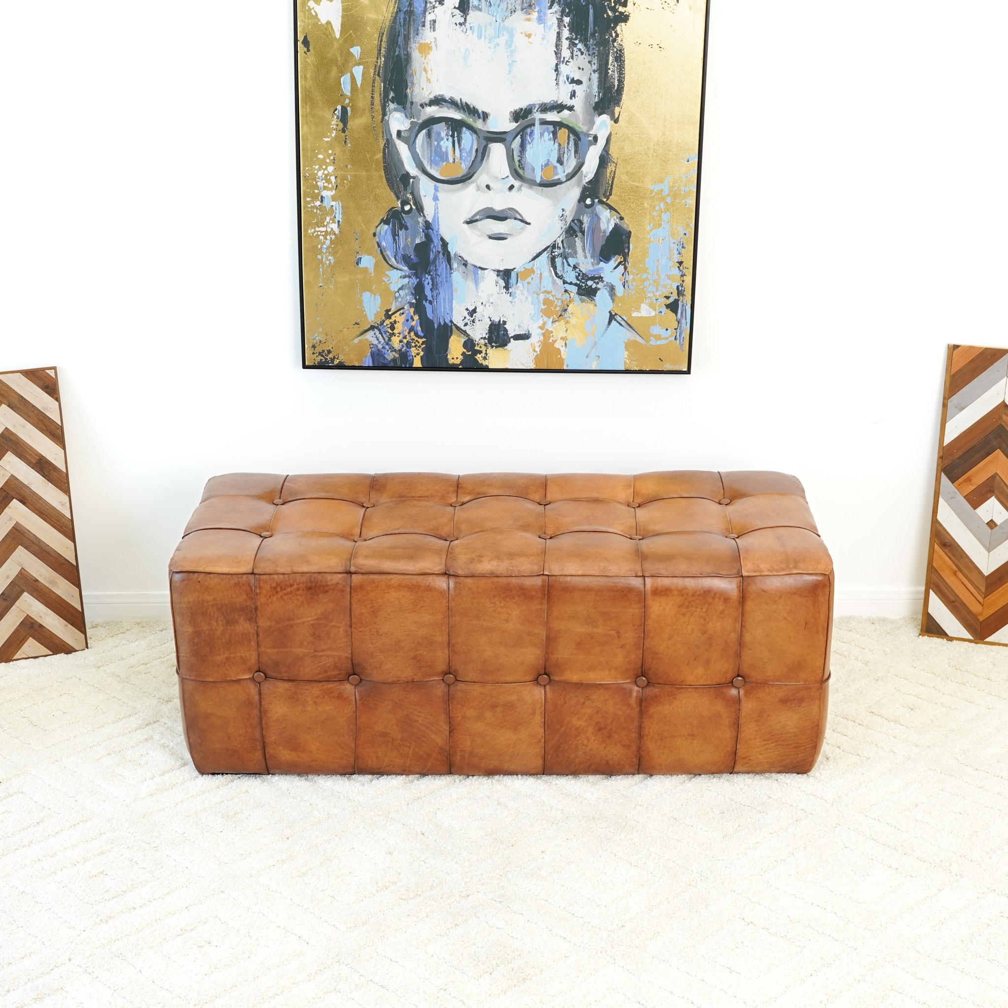 Bellini Mid-Century Modern Genuine Leather Upholstered Ottoman in Tan