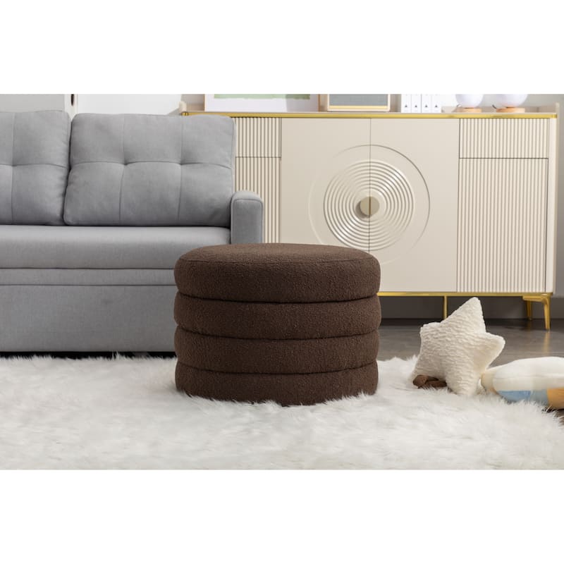 Boucle Fabric Round Storage Ottoman Footstool with Wooden Shelving