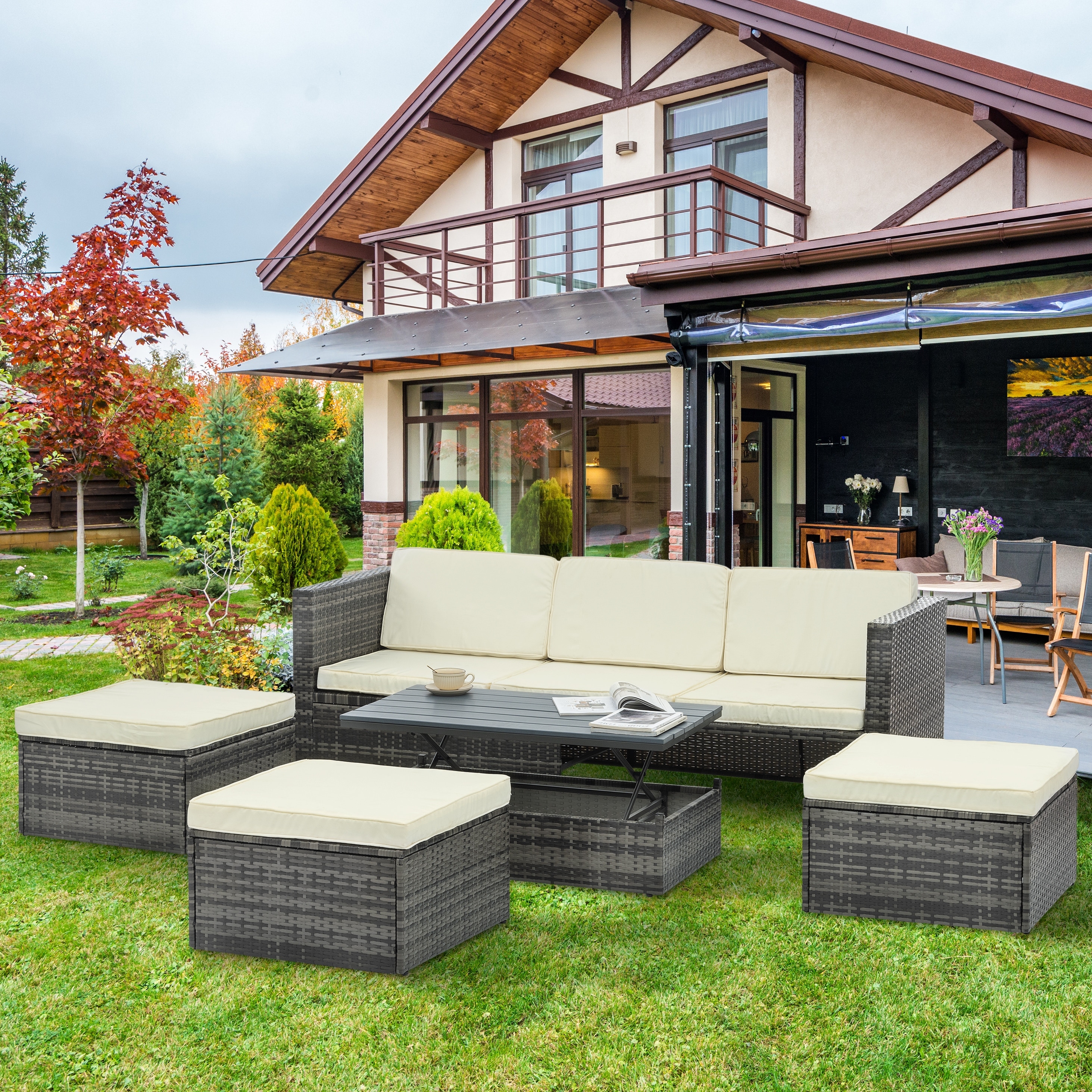 5 Piece Outdoor Patio Furniture Set Seasonal PE Wicker Lounger Sofa Set with White Cushions and Lift Top Coffee Table