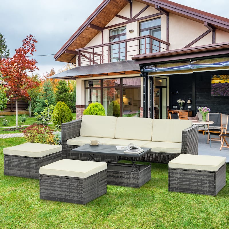 5 Pieces PE Wicker Outdoor Sectional Sofa Set with Lift-Top Coffee Table