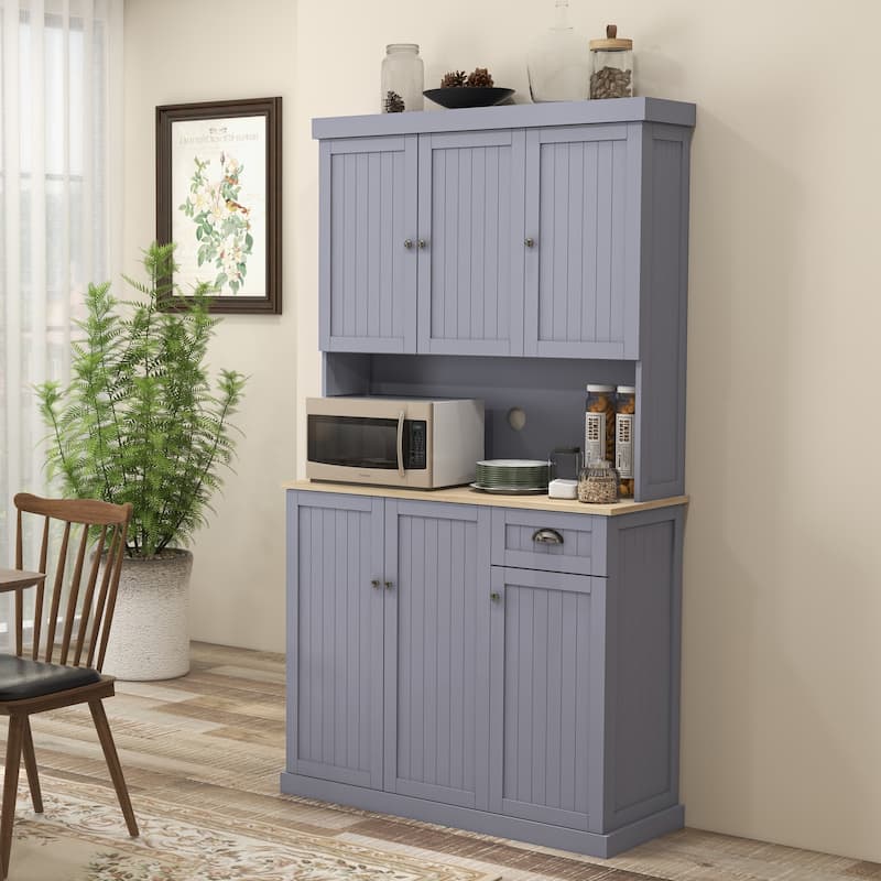 HOMCOM 71" Buffet with Hutch, Farmhouse Kitchen Pantry Storage Cabinet with Microwave Oven Countertop, Drawer - Gray