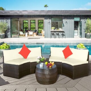 4-Piece Patio Furniture Sets, Outdoor Half-Moon Sectional Furniture Wicker Sofa Set with Two Pillows and Coffee Table