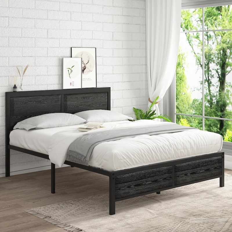 VECELO Platform Bed Frame with Wooden Headboard, Heavy Duty Steel Slats Support, No Box Spring Needed
