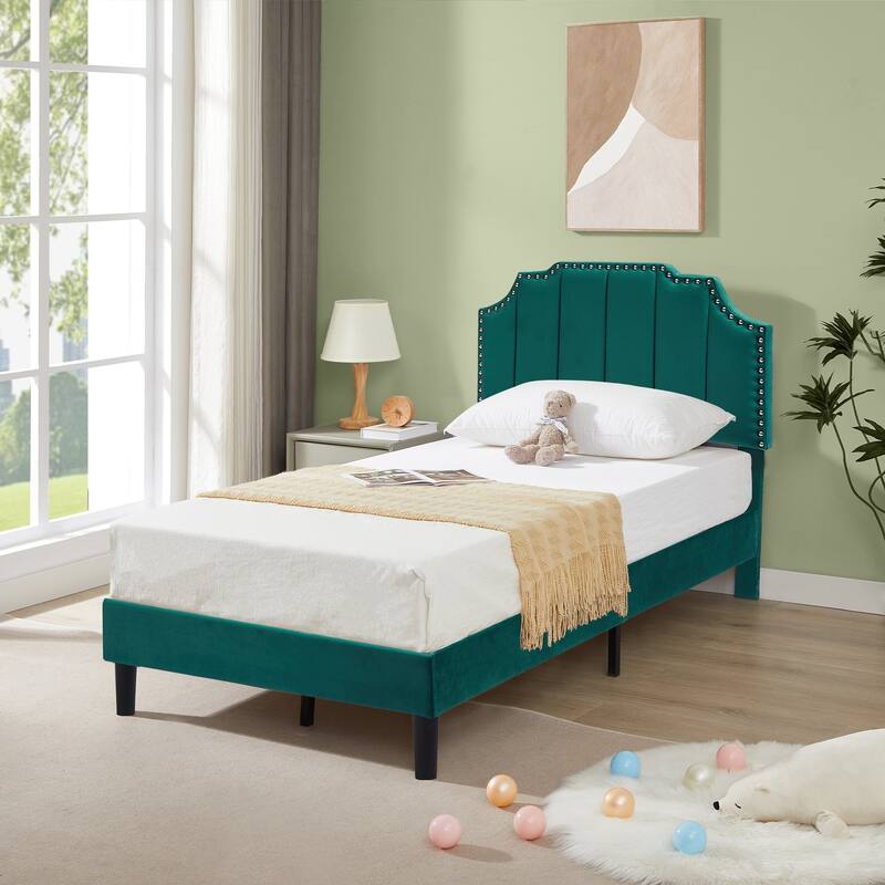 VECELO Upholstered Bed Frame with Nailhead Trim Adjustable Height Headboard, Twin/Full/Queen Size Bedframes