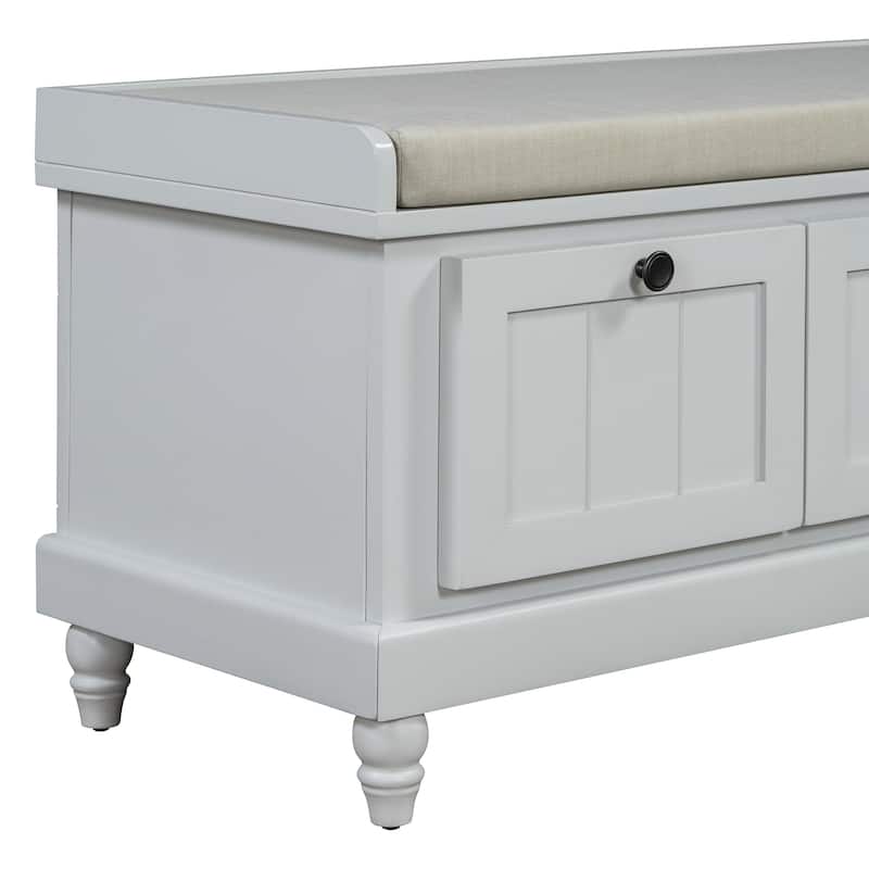Roomfitters Classic Entryway Bench with Cushion, 3 Hidden Storage Spaces, Grooved Doors and Round Handles