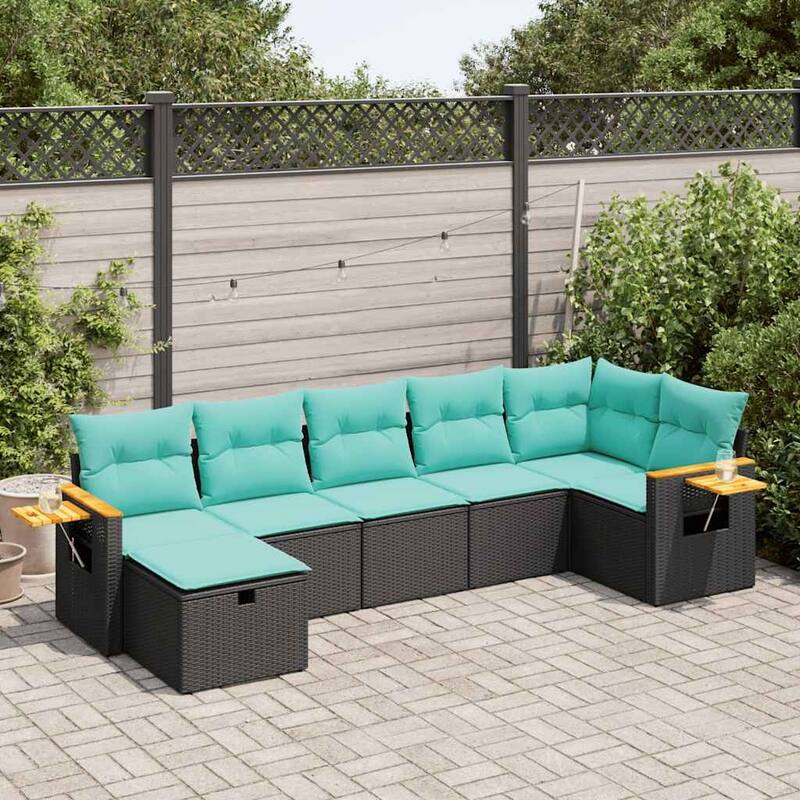 vidaXL 7 Piece Patio Sofa Set with Cushions Black Poly Rattan - 21.7 x 24.4 x 27.2 - Black - unit with storage