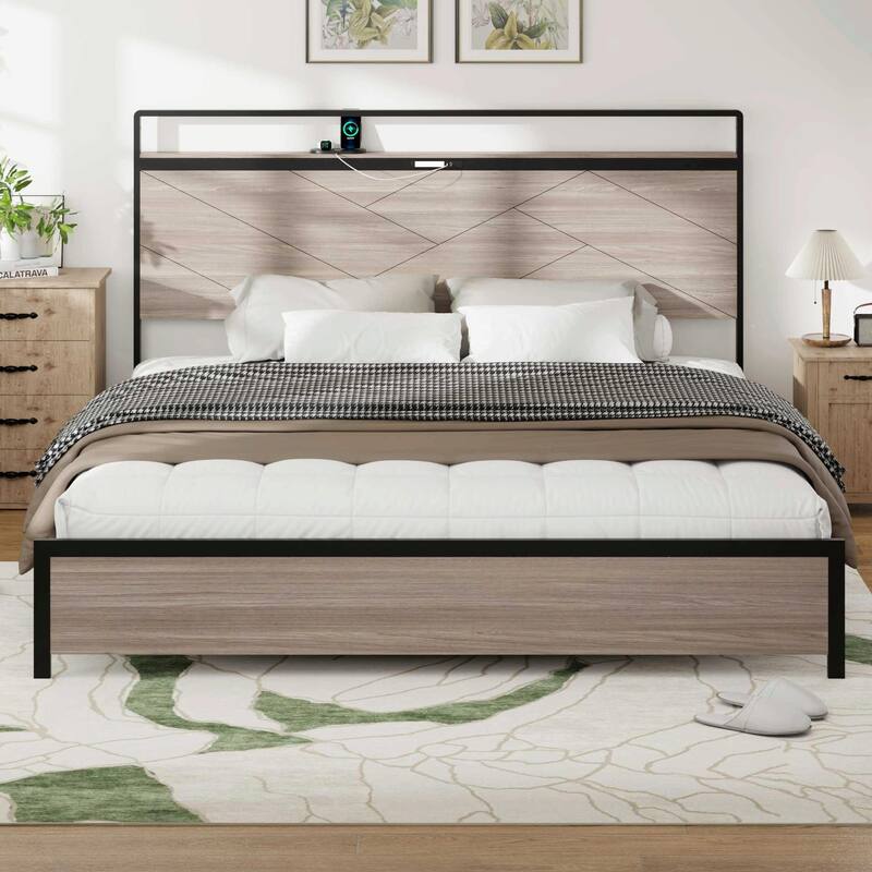 Wooden Platform Bed Frame with Storage, LED Light Headboard and 2 USB Ports, No Noise - Gray - King