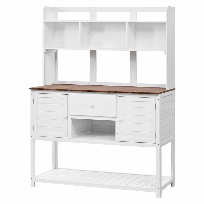 Fir Wood Garden Work Table - Potting Bench with Hutch, Drawer & Adjustable Shelves