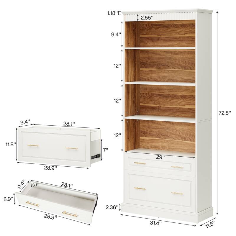 72" Tall White 5-shelf Bookcase Bookshelf with 2 Drawers