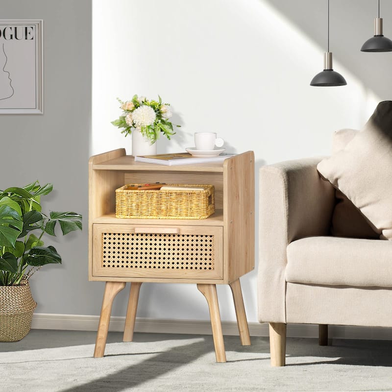 Rattan Nightstand, Boho Side Table with Drawer Open Shelf, Cane Accent Bedside End Table with Solid Wood Legs
