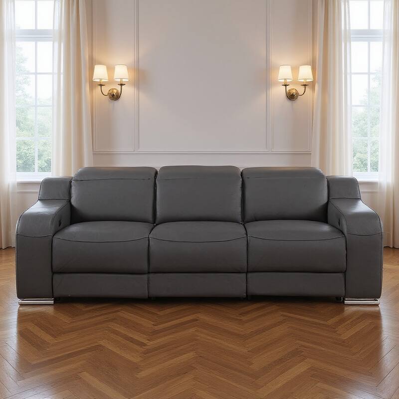 HomeRoots 103" Black Italian Leather Reclining USB Sofa - Dark Gray