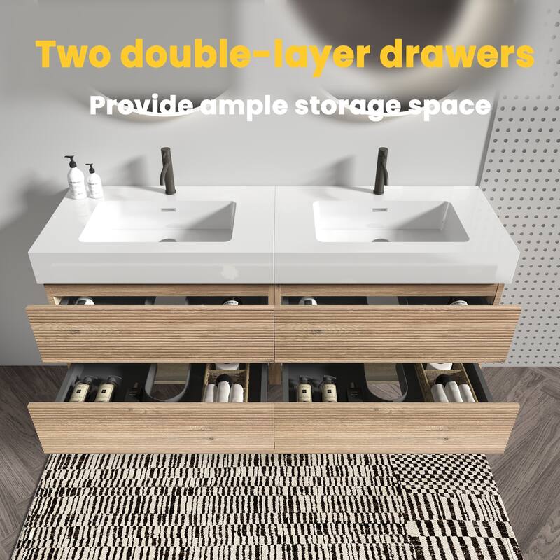 GDFStudio - Grace Wall-Mounted Bathroom Vanity with Engineered Quartz Sink & Soft Close Drawers, without Drainage and Faucet