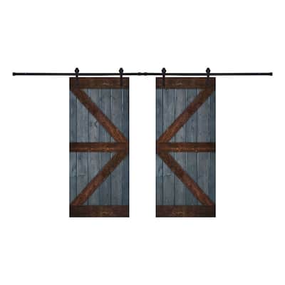 Two-Tone Paneled Wood Double Barn Door with Installation Hardware Kit - GB Color