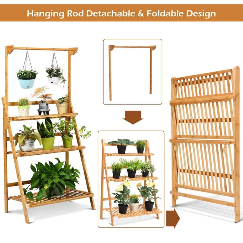 Costway 3 Tier Bamboo Hanging Folding Plant Shelf Stand Flower Pot - 27.5''x16''x47.5''-56.5''(LxWxH)