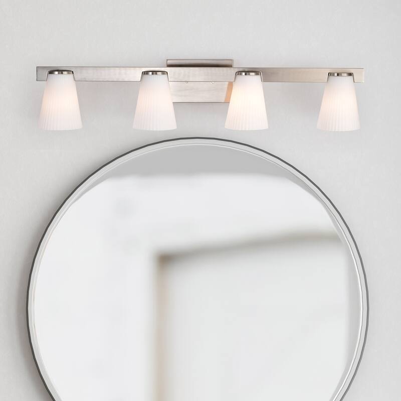 Royale 4 Light Vanity Brushed Nickel Finish Ribbed White Glass - Brushed Nickel