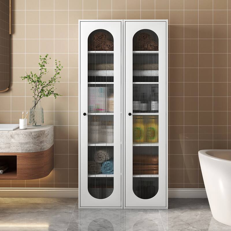 Tall Display Cabinet & Bookshelf with Glass Door - 6 Storage Shelves for Living Room, Kitchen, Bedroom, Office