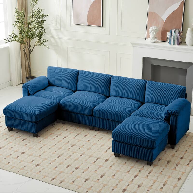 Corduroy Sectional Sofas with 2 Removable Ottomans, U-shaped Symmetrical 6-Seat Modular Couch