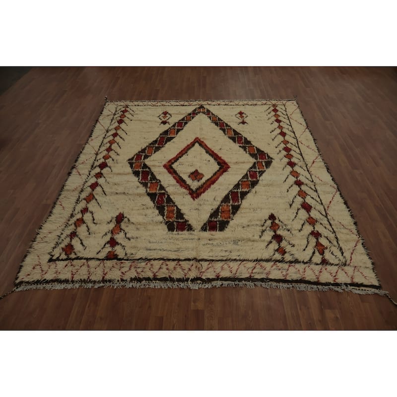 Hand Knotted Oriental 100% Wool Carpet Modern Tribal Beige & Ivories Moroccan Area Rug - 9' 6'' X 8' 3''