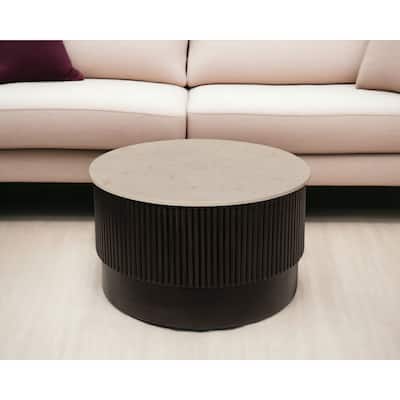 HomeRoots 31" White And Dark Brown Genuine Marble And Solid Wood Round Drum Coffee Table - 31' X '18' X '31