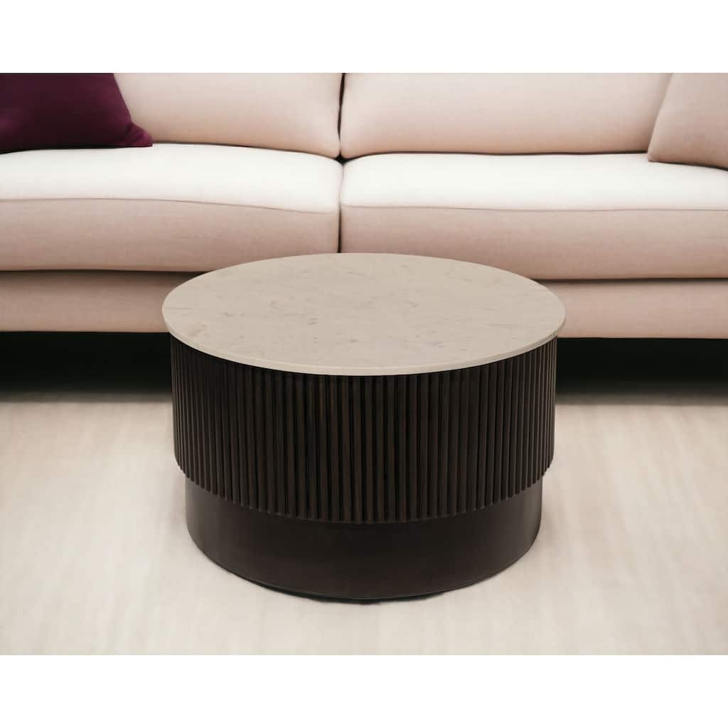 HomeRoots 31" White And Dark Brown Genuine Marble And Solid Wood Round Drum Coffee Table - 31' X '18' X '31