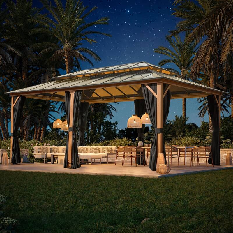 EROMMY Outdoor Wood Gazebo with Double Polycarbonate Roof, Heavy Duty Backyard Patio Pergola Canopy for Garden Shade