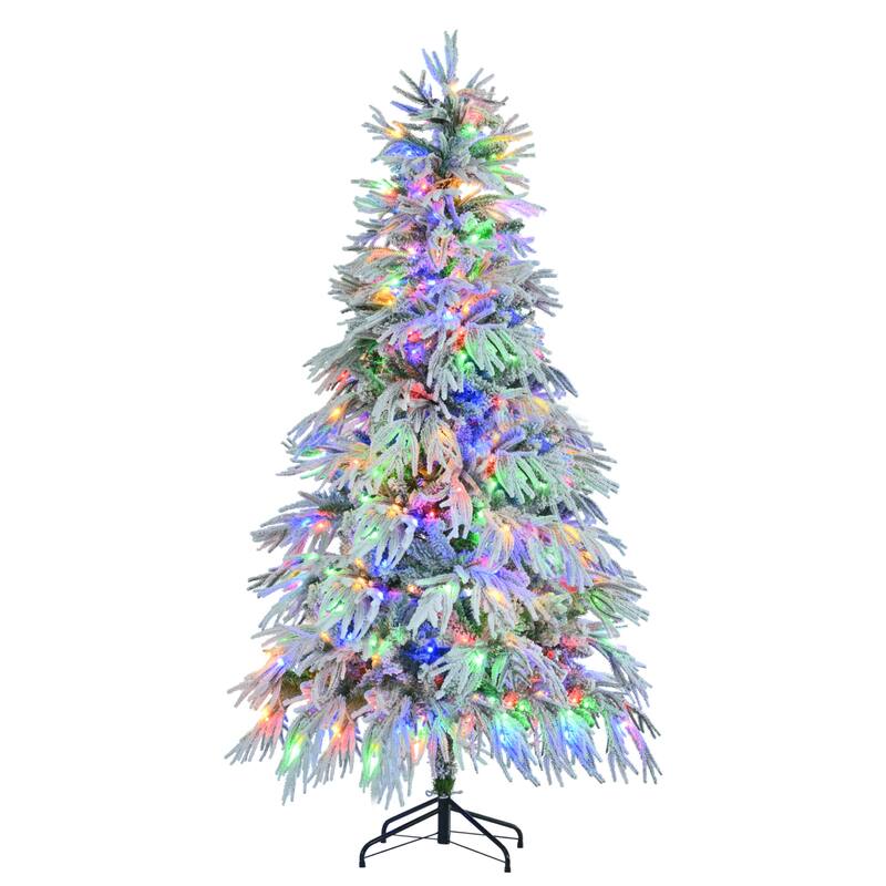 6FT/7.5FT Pre-Lit Snow Flocked Artificial Christmas Tree with LED Lights and Winter Wonderland Design for Holiday Decor