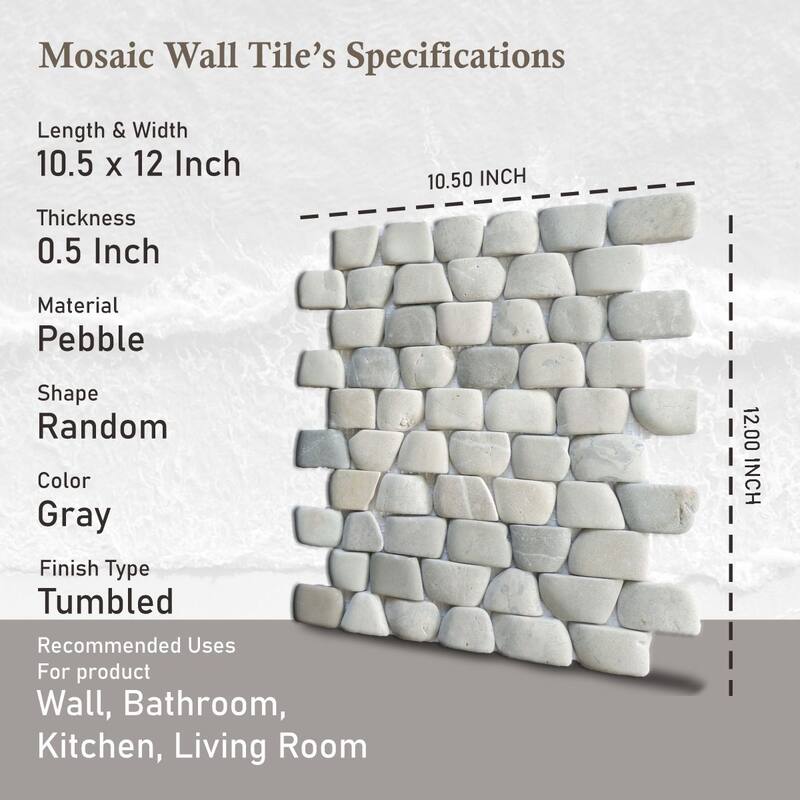 Strip Grey Pebble Mosaic Tiles for Backsplash Kitchen and Bathroom Wall (10.5" X 12") 5 tiles per case - Case (5 Tiles)