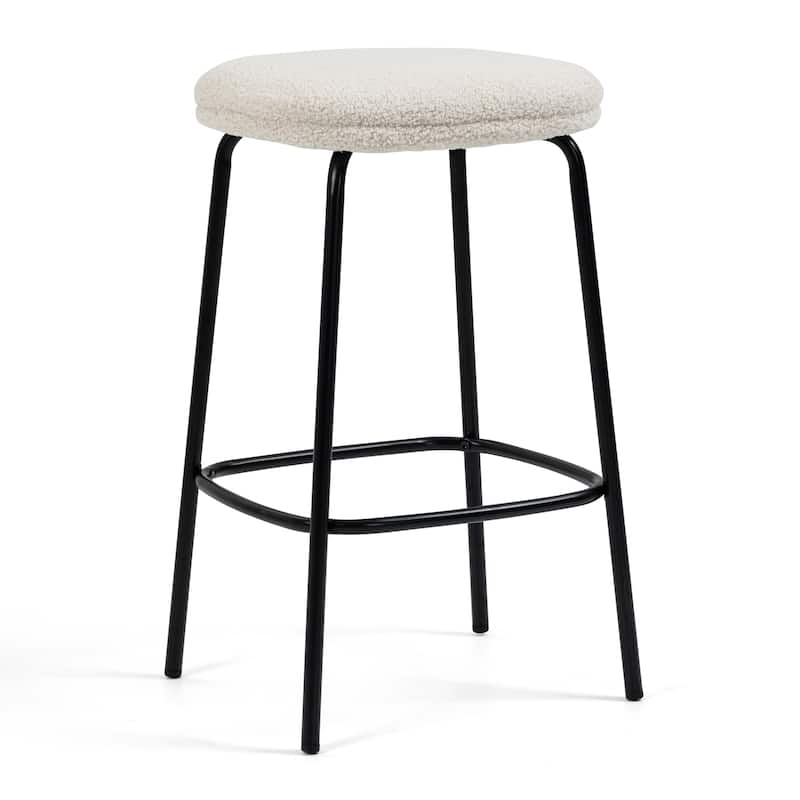 Set of 2 Ayana White Boucle Backless Counter Stool with Black Iron Legs