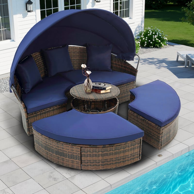 4 Piece Patio Round Rattan Daybed w/Adjustable Sun Canopy, Outdoor Sofa Bed with lift coffee table