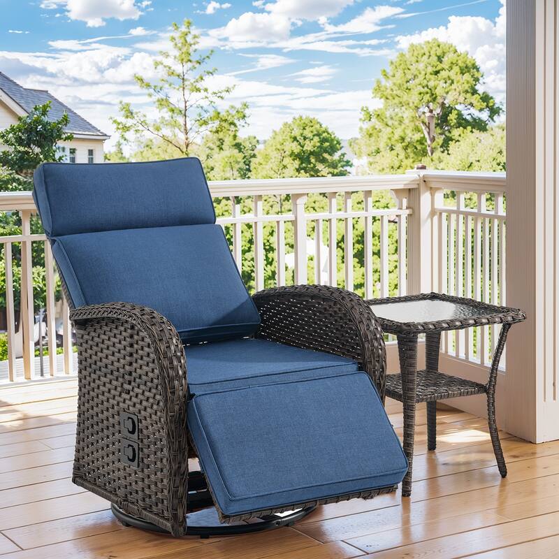 Pocassy Swivel Reclining Chair Lounge Chair with Adjustable Backrest - Blue Cushion - Browm Wicker - 1-Piece Recliner Swivel Chair with Side Table
