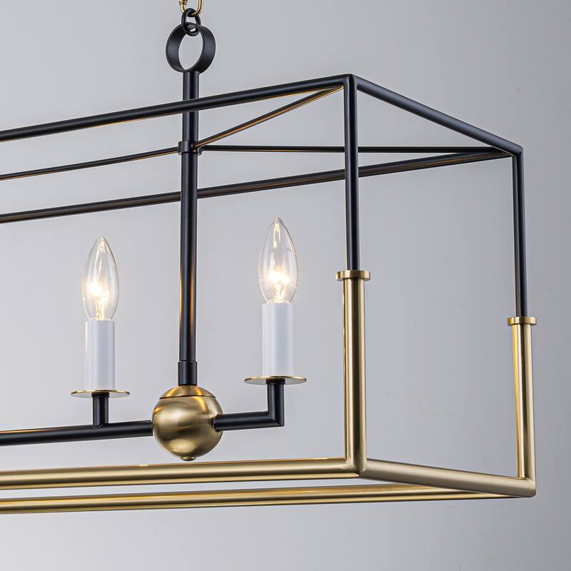 Geometric 5-Light Modern Black and Brass Rectangular Pendant Light for Dining Room