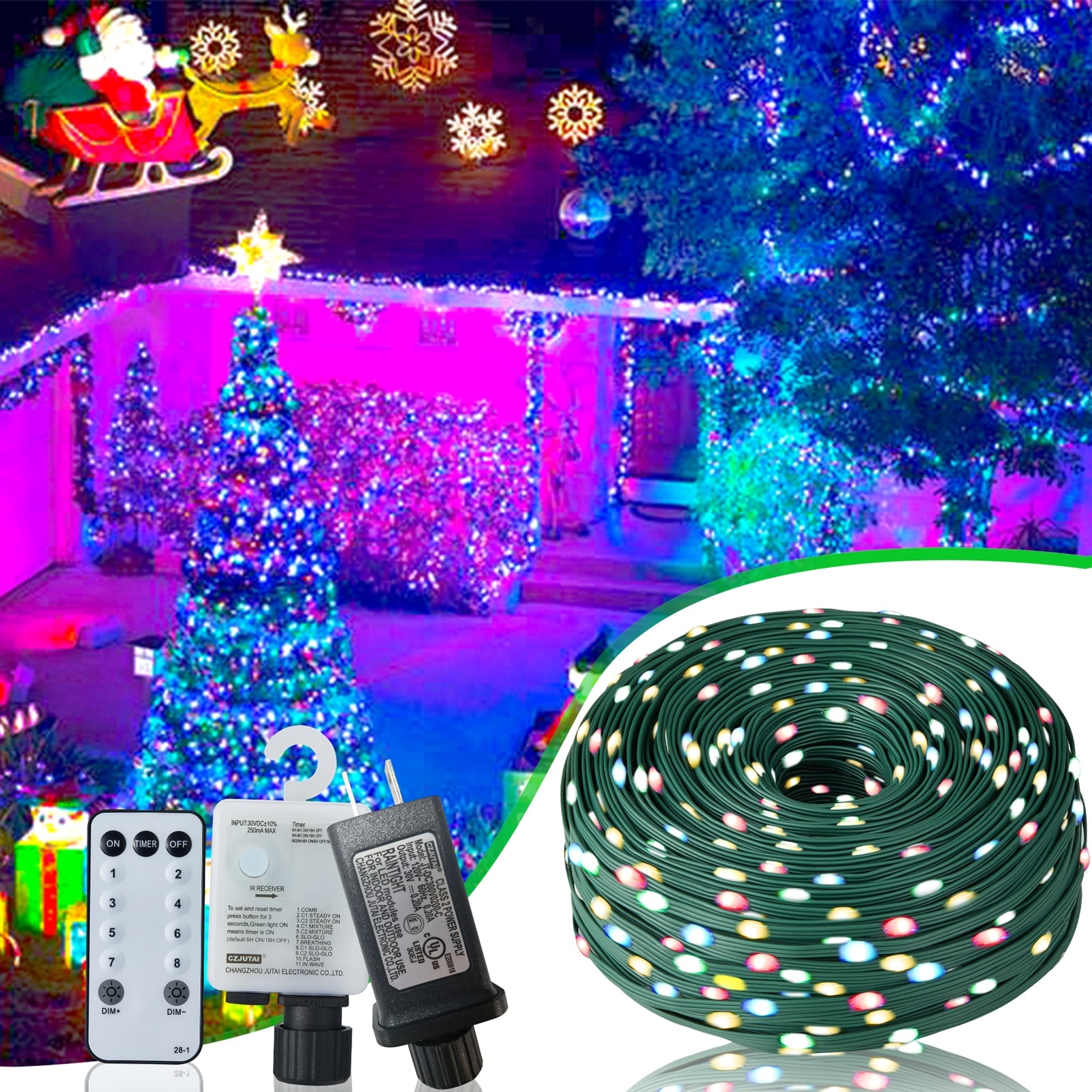 Christmas Rope Lights 1000LED 328Ft Outdoor Decorative String Strobe with 8 Modes Remote IP67 Waterproof Timer Memory Function F Multi