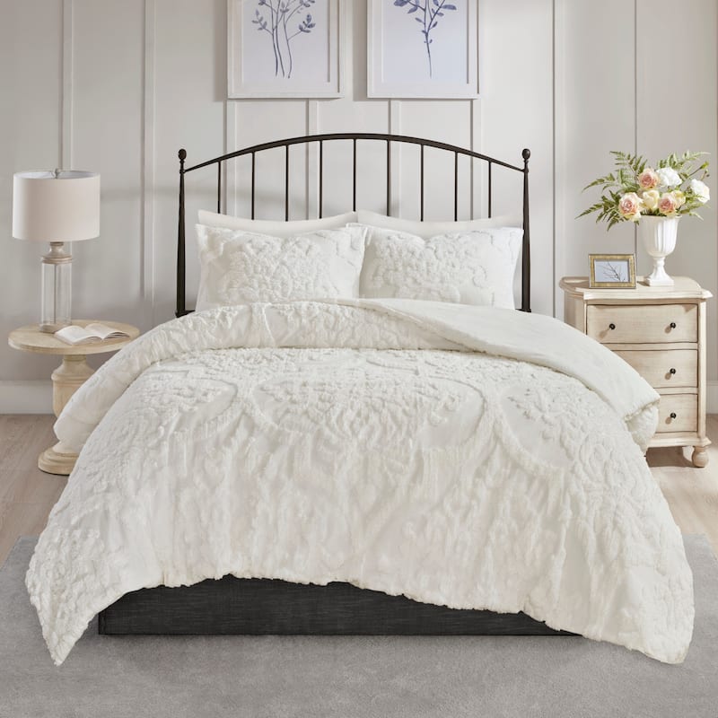 Madison Park Aeriela Tufted Cotton Chenille Damask Comforter Set - Off White - Queen