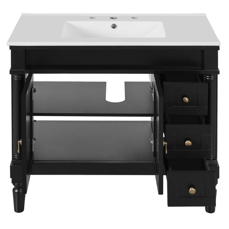 GDFStudio - Hellie 36" Modern Bathroom Vanity with Ceramic Sink - Soft-Close Doors, Drawers & Adjustable Storage