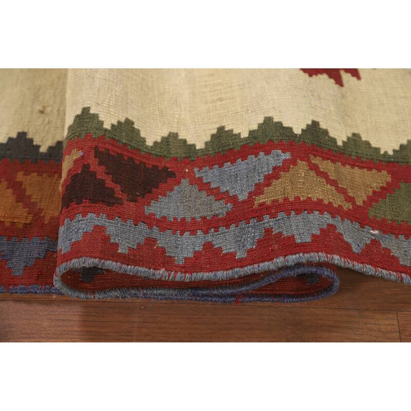 Beige Kilim Qashqai Persian Vintage Area Rug Hand-Woven Wool Carpet - 4'11" x 7'9"
