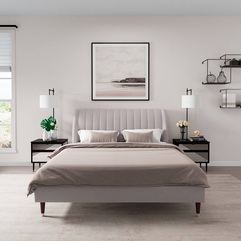 Beige Low Profile Upholstered Platform Bed with Wingback Headboard