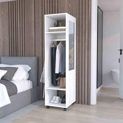 16" Modern One-Door Armoire with Three Shelves, Casters and Hanging Rod for Bedroom