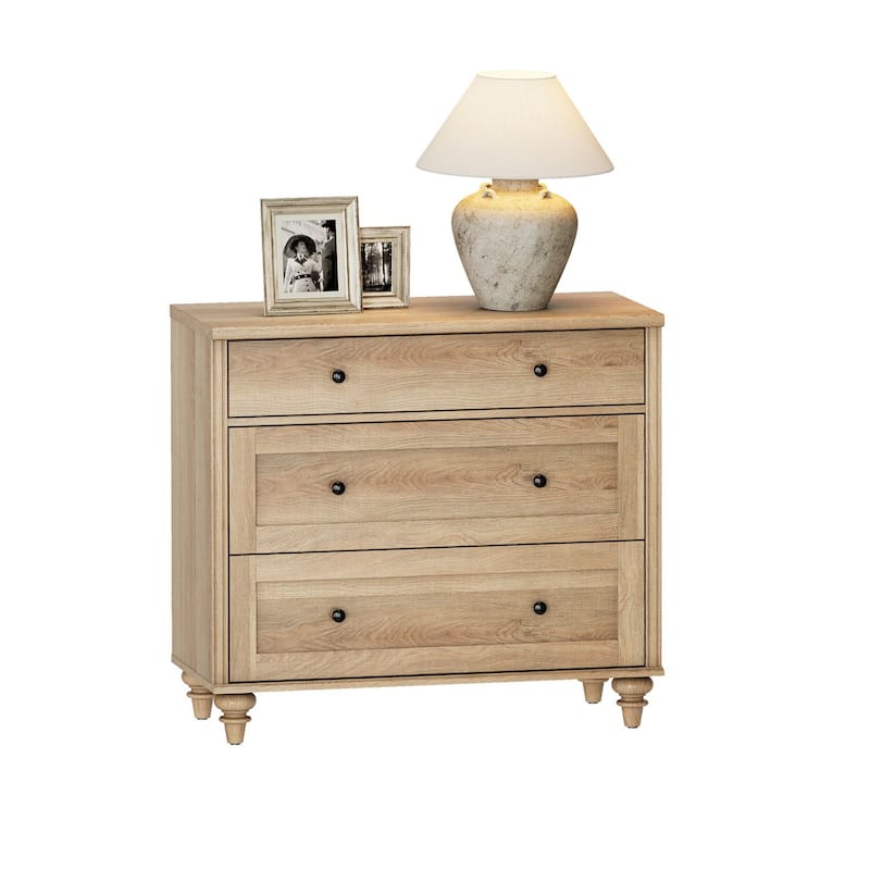 Nightstand Bedside Table, Wood Side Table with 3 Drawer - Oak - 3-drawer