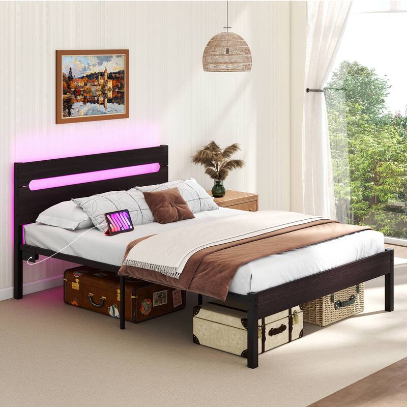 Costway Full Size Bed Frame with Built-in Charging Station Sturdy