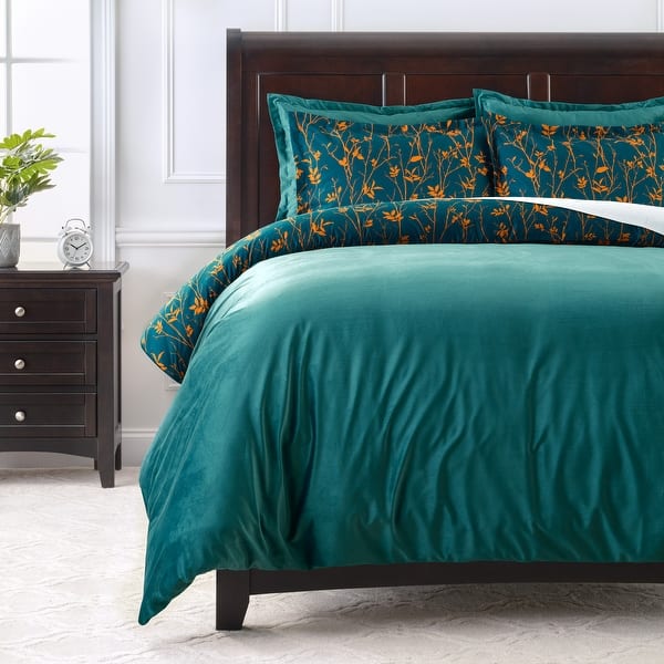 slide 2 of 5, Chanasya Teal Reversible Microfiber Velvet Leaves Foliage 5-Piece Duvet Cover Set
