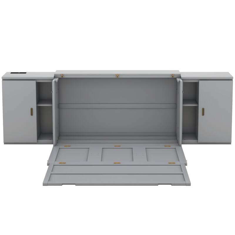 Murphy Bed with Built-in Charging Station, Shelves & Storage Cabinets, Platform Bed Frame Space-Saving Folding Wall Cabinets Bed