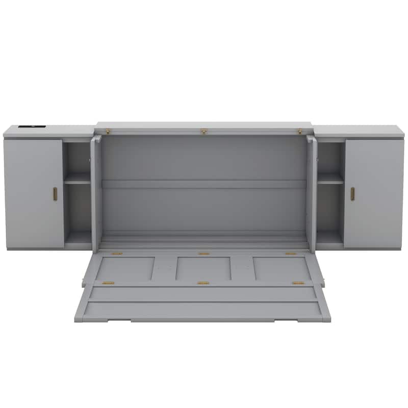 Queen Size Murphy Bed with Shelves, Cabinets and USB Ports,Gray