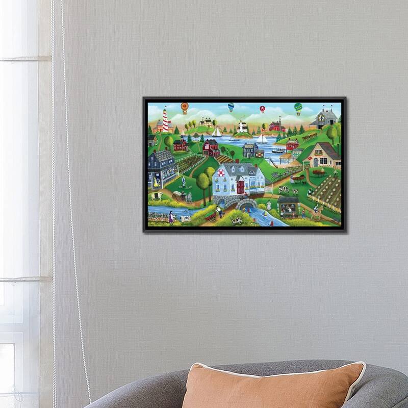 iCanvas "Village By The Sea with Hot Air Ballons" by Cheryl Bartley Framed