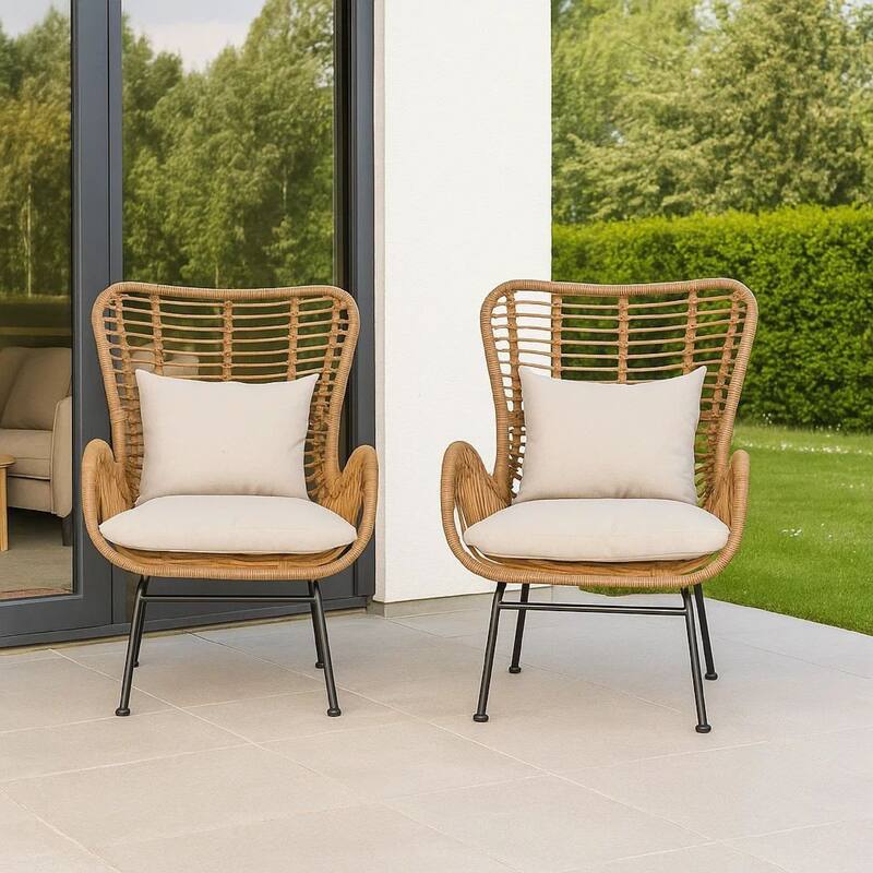 Margo Outdoor Accent Chair, Brown Woven Rattan, Beige, Black Metal