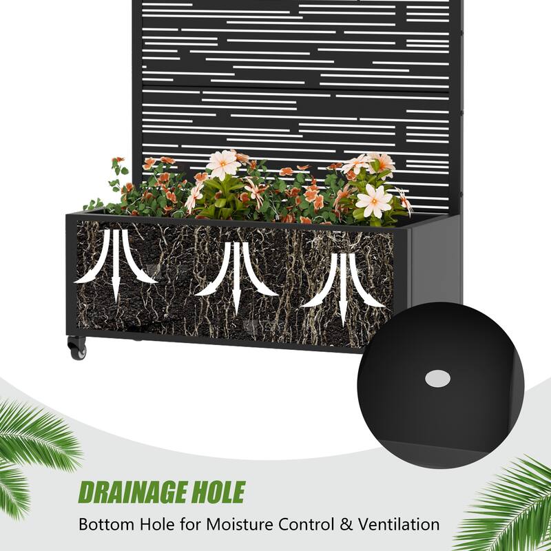 Metal Galvanized Planter Box with Trellis Privacy Screen Lockable Wheels Set of 2