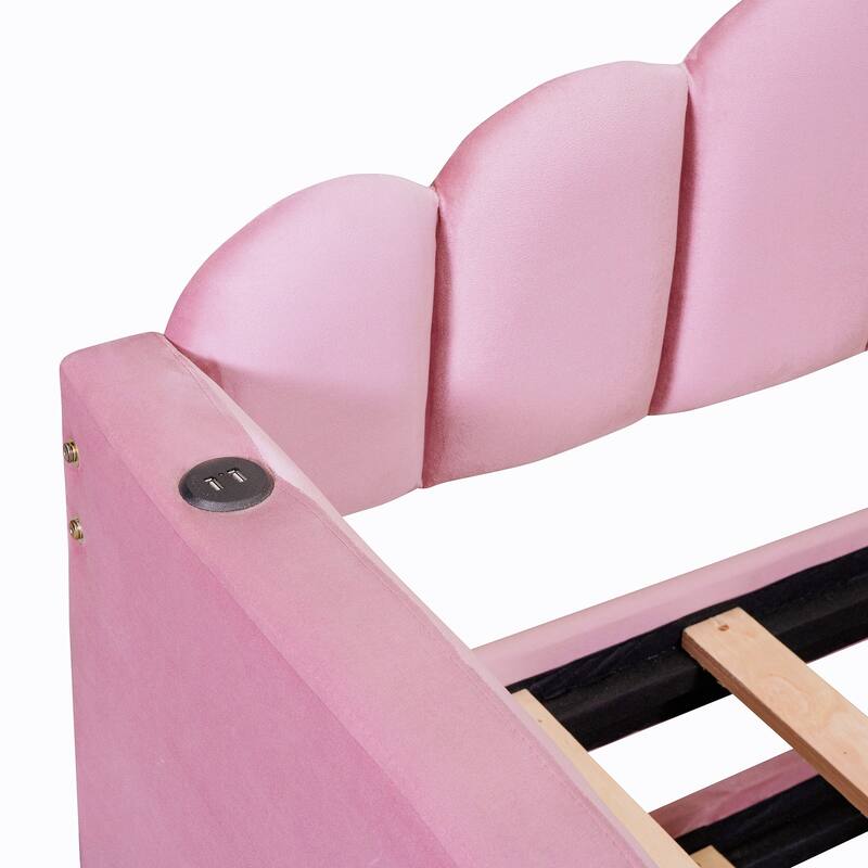 Twin size Upholstered Daybed with Trundle, Velvet Sofabed with USB Charging Ports, No Box-spring Needed, Pink