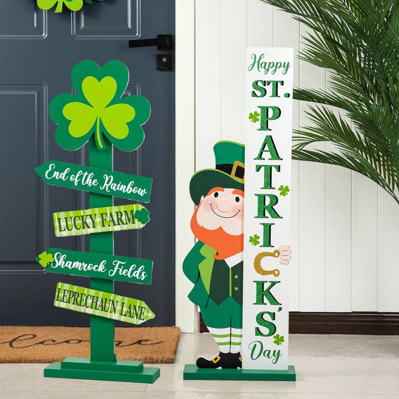 Glitzhome 36"H Wood Shamrock Leprechaun HAPPY ST.PATRICK'S DAY Sign Porch Decor