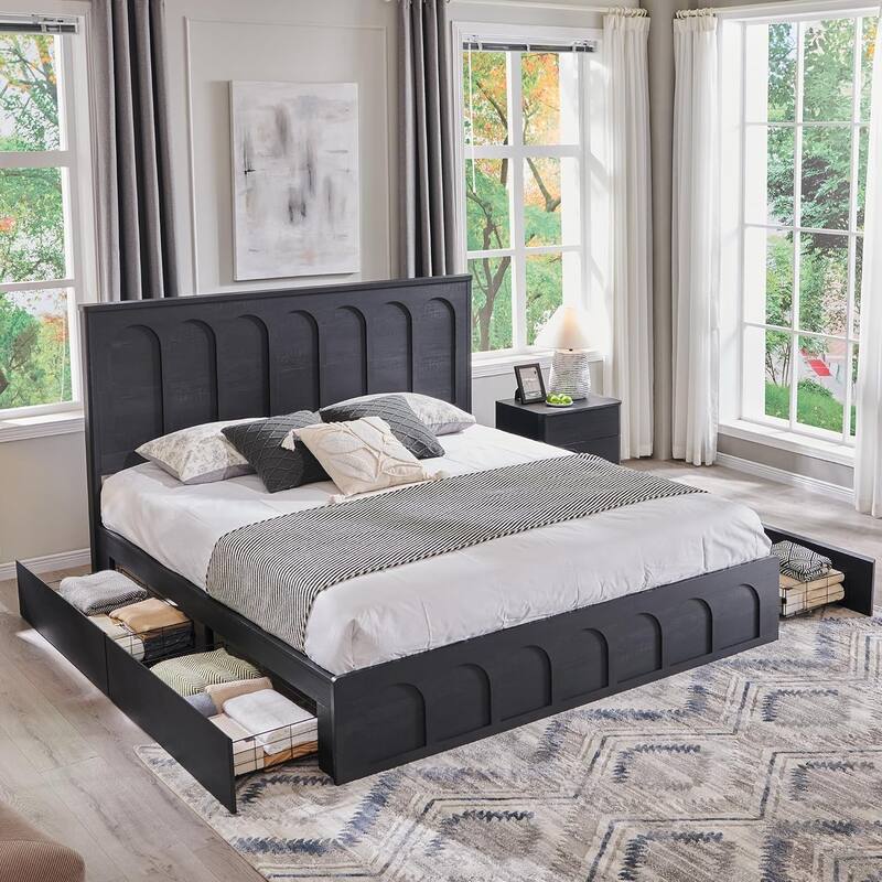 Modern King Size Bed Frame, 52" Tall Arched Recessed Headboard - Black